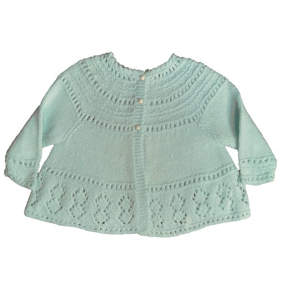 Seafoam Green Hand Knit Baby Cardigan Sweater - Picture 1 of 6